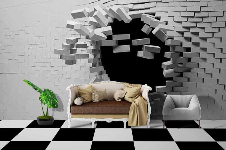 Wall 3D Breaking shown in a room