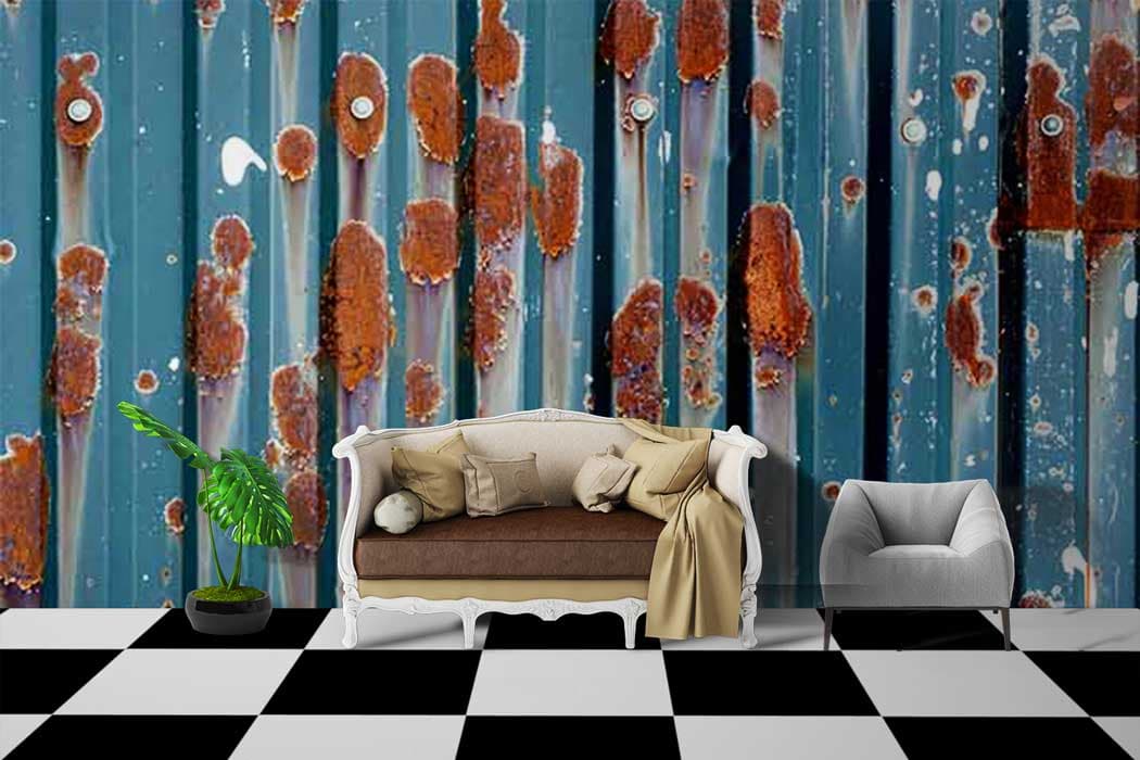 Rust Blue Metal Industrial Texture Wall Mural Wallpaper shown in a room