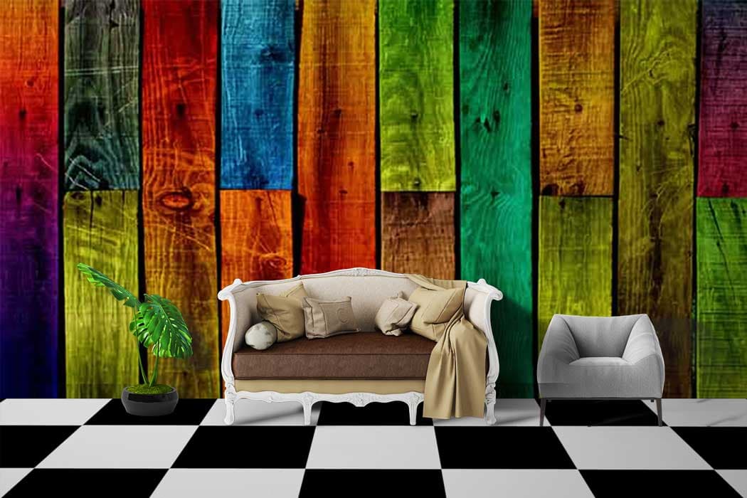 Colorful Wooden Slats Texture Wallpaper for Walls shown in a room