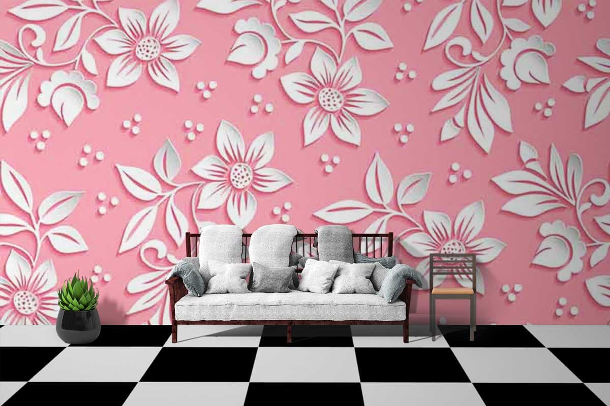 Graceful Pink Flowers and Dots Design Wallpaper shown in a room