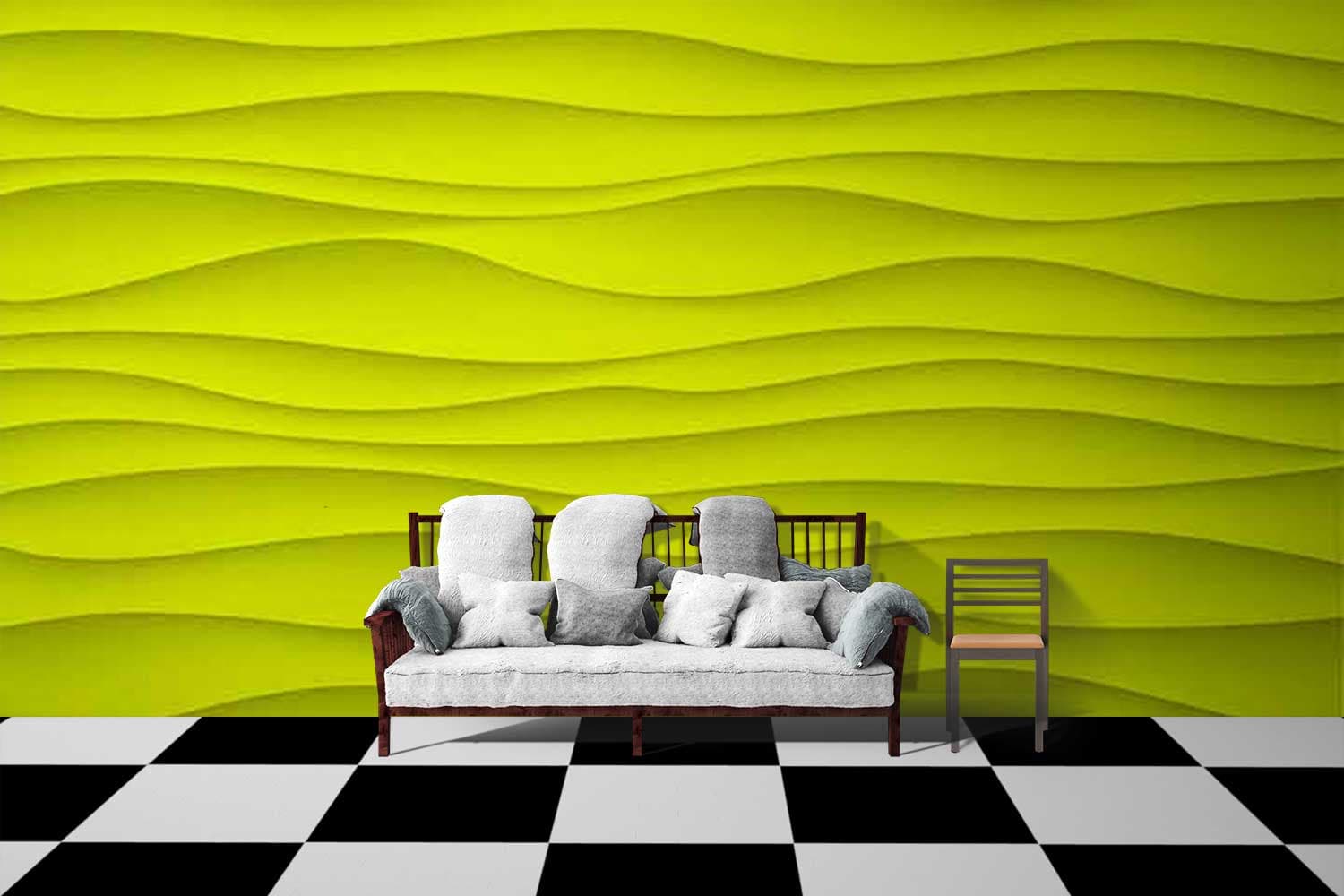 Greenish Yellow Wave Texture Wallpaper shown in a room