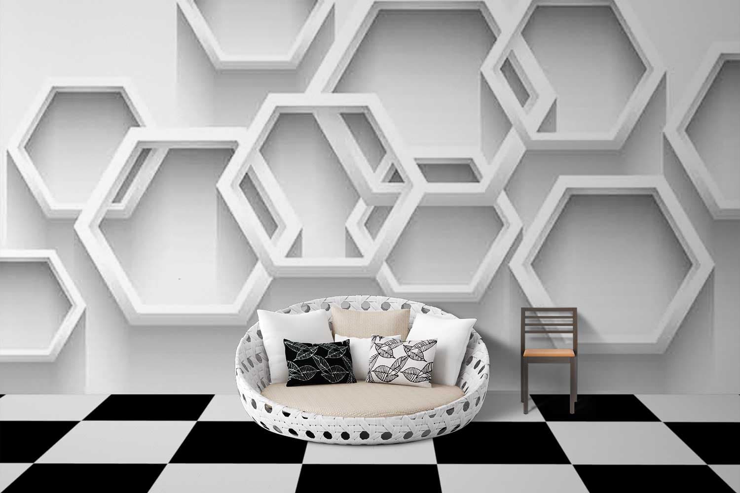 Hexagonal White Texture Wall Mural Wallpaper shown in a room