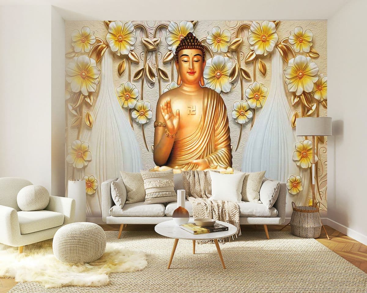 Premium Zen Buddha Flower Art wallpaper shown in a room