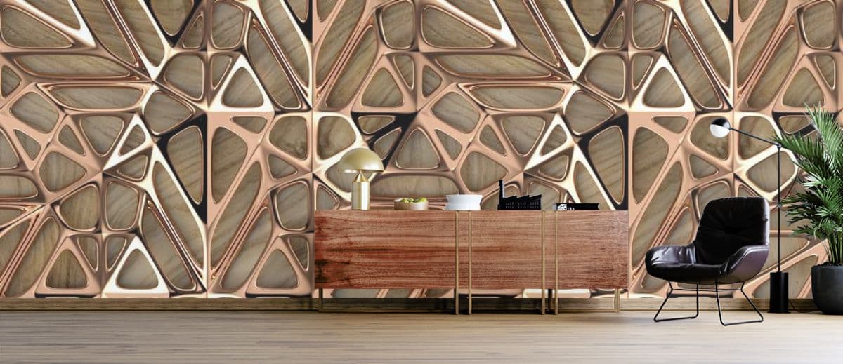 3D Wood Pattern Art Wallpaper shown in a room