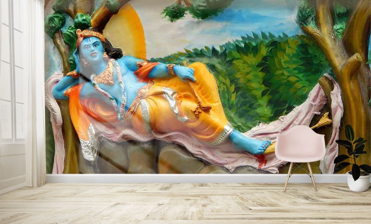 Elegant Krishna Avatar 3D Art Wallpaper shown in a room