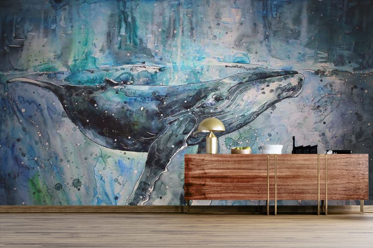 Kujira, 3D Wall Painting of Whale Wallpaper for Wall shown in a room