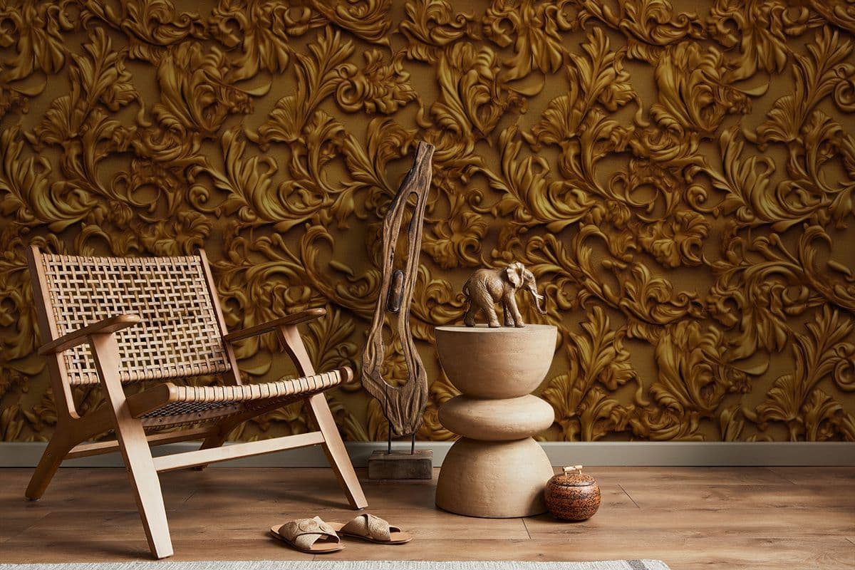 Floral & Botanical Wood Pattern Wallpaper shown in a room
