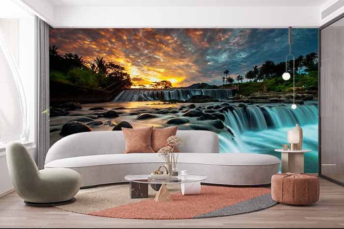 Beautiful Turquoise Waterfall Wallpaper shown in a room