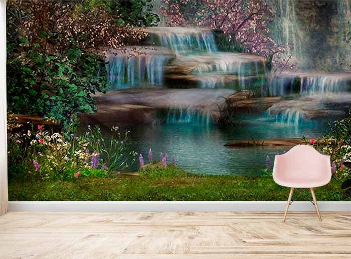 Nature's Symphony Waterfall Wallpaper shown in a room