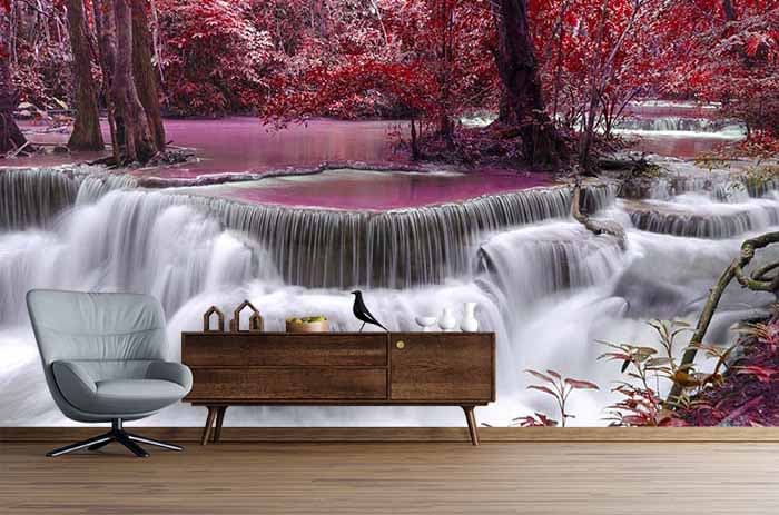 Red Wonderland Waterfall Wallpaper shown in a room