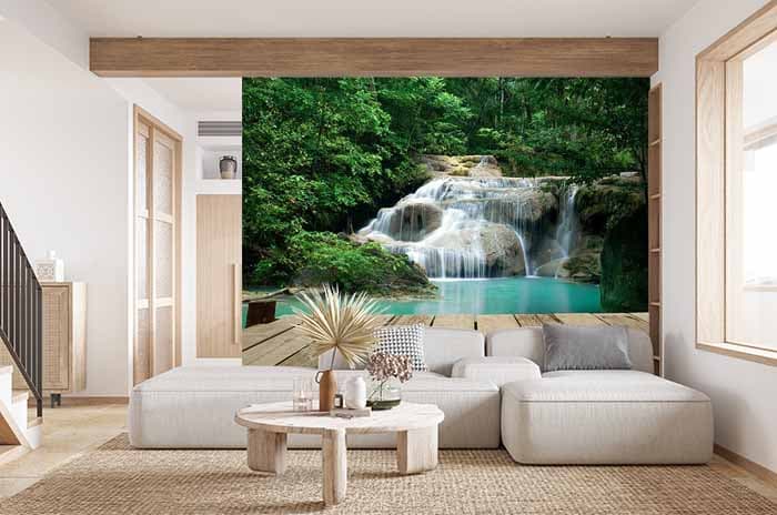 Greenery with Serene Waterfall Wallpaper shown in a room