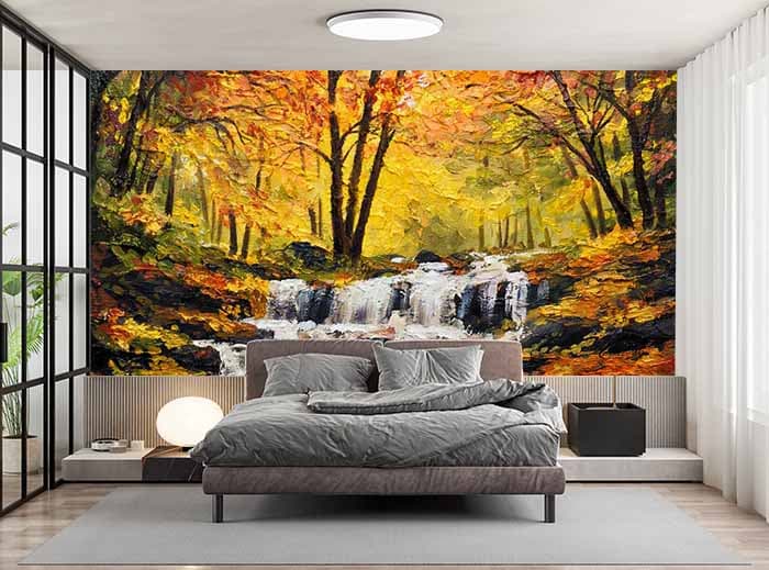 Autumn Leaves and Waterfall Mural Wallpaper shown in a room