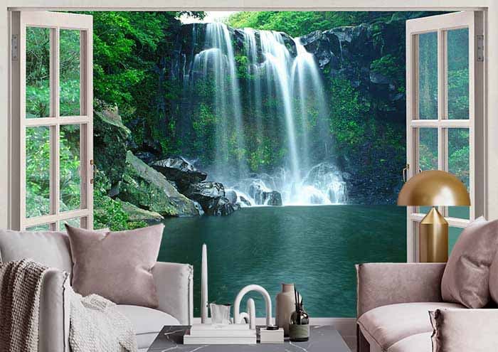 3D Waterfall View Wallpaper Mural shown in a room