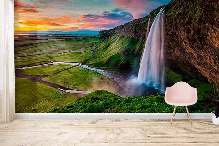 Aqua Dreamland Waterfall Wallpaper shown in a room