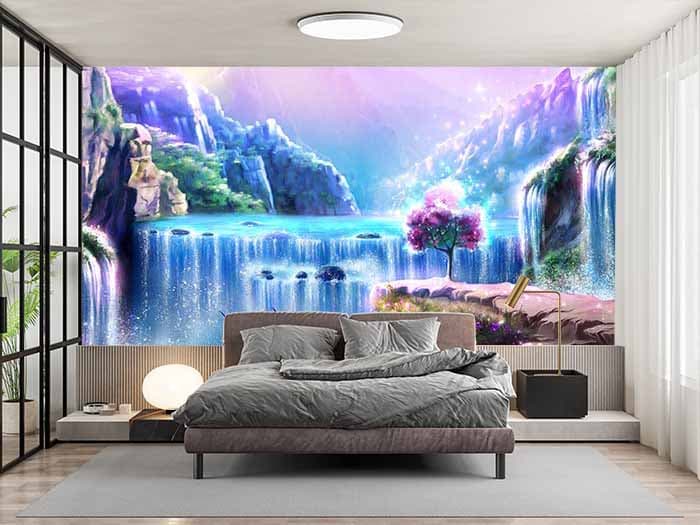 Purple Fairyland Waterfall Wallpaper for Kids shown in a room
