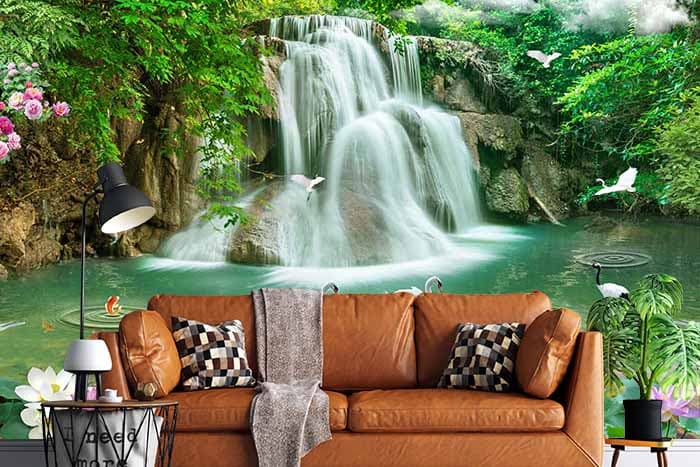 3D Lotus and Swans in Waterfall Wallpaper for Wall shown in a room