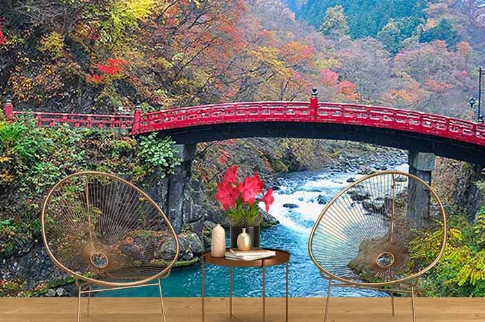Red Bridge Over a Beautiful River Wallpaper shown in a room