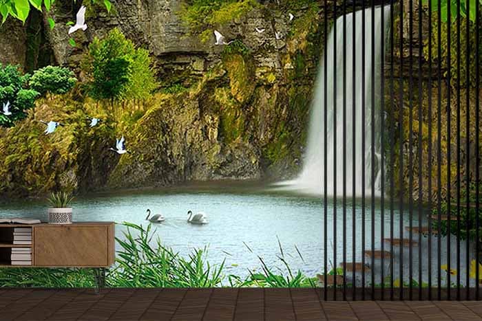 Elegant White Birds and Swans Nature Wall Mural Wallpaper shown in a room
