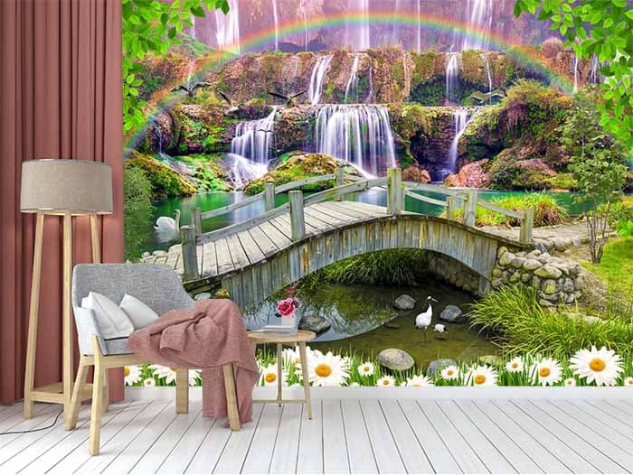 Beautiful Rainbow Over Waterfall Wallpaper shown in a room