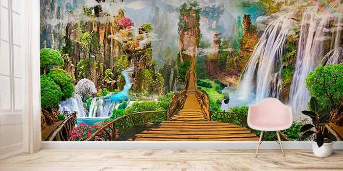 Bridge to Paradise Wallpaper Mural With Waterfall shown in a room