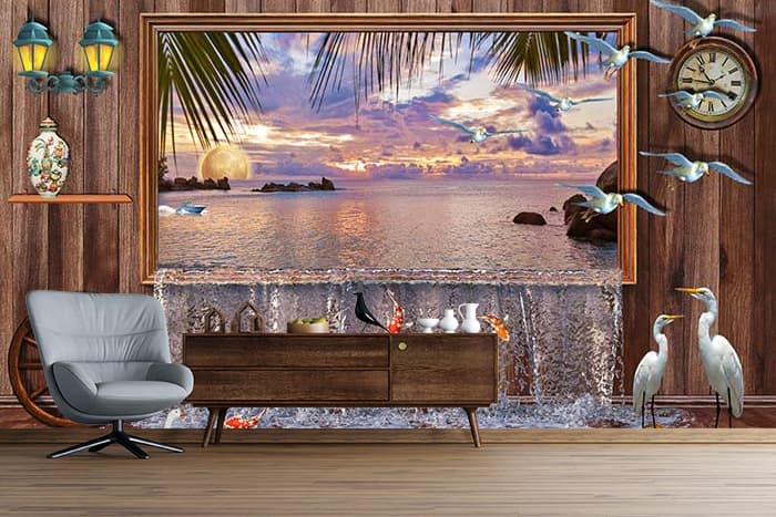 3D Scenic Waterfall Wallpaper With Fishes and Cranes shown in a room