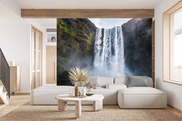 Majestic Mountain Real Waterfall Wallpaper shown in a room