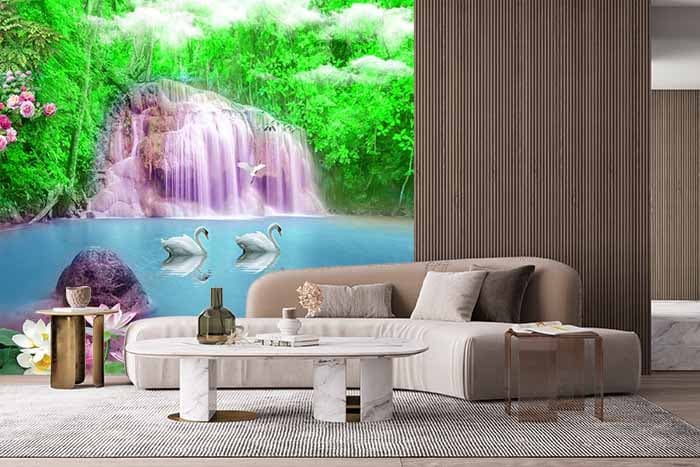 3D Pink Waterfall in Jungle Wallpaper Mural shown in a room