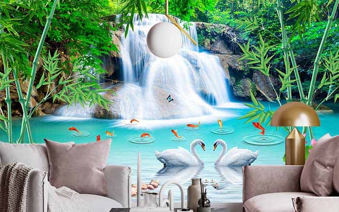 3D Waterfall Wallpaper With Gold Fishes shown in a room
