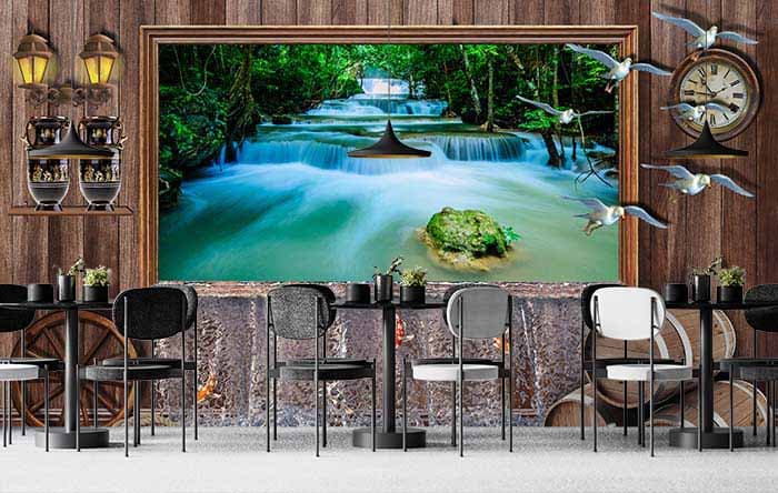 3D Effect Overflowing River Wallpaper shown in a room