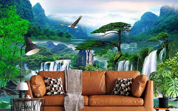 3D Aesthetic Waterfall in Forest Wallpaper shown in a room