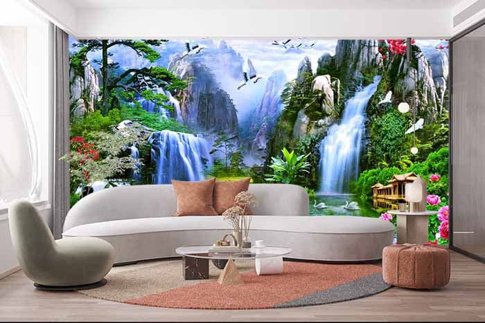 Aesthetic Waterfall Wallpaper With Sunrise in the Forest shown in a room