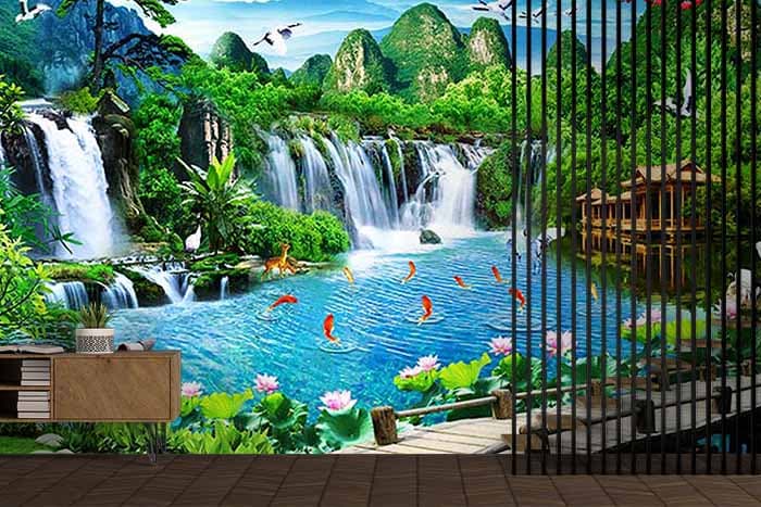 Beautiful Wallpaper of Waterfall shown in a room