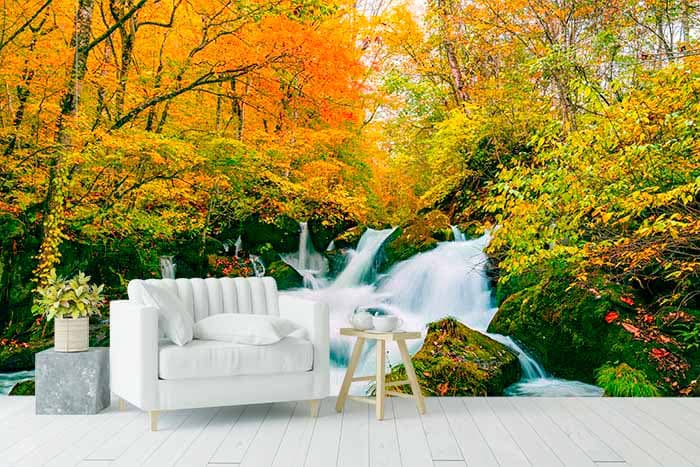 Autumn Fall River Wallpaper shown in a room