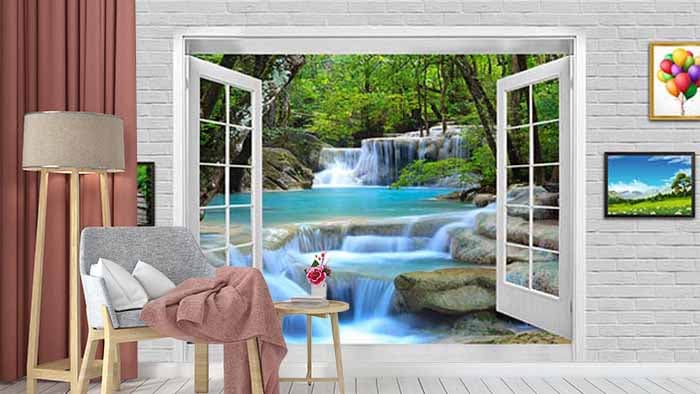 3D Scenic Waterfall Through Window Wallpaper shown in a room