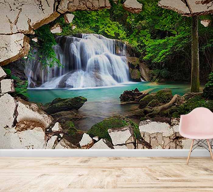 3D Broken Wall Effect Scenery Wallpaper shown in a room
