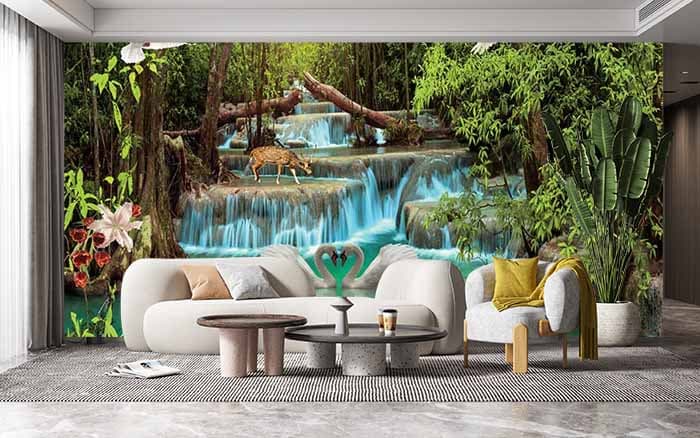 3D Jungle River With Swans Wallpaper shown in a room