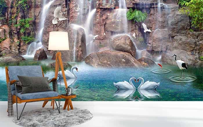 3D Waterfall White Wonderland Wallpaper shown in a room