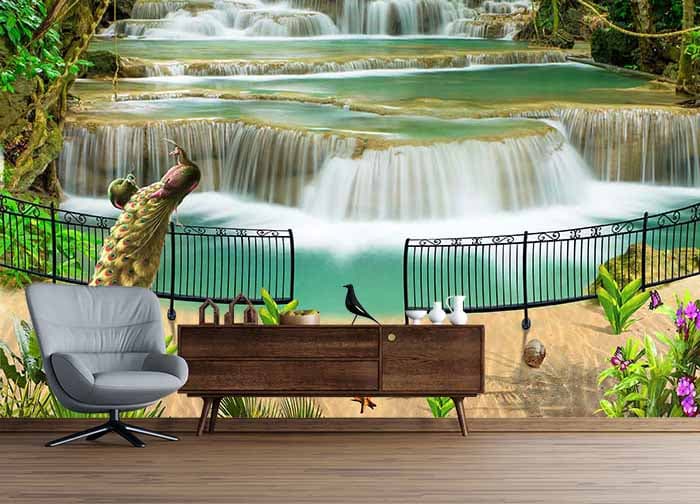 3D Peacock and Waterfall Wallpaper Mural shown in a room