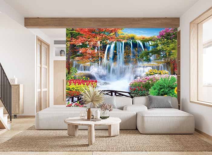 Flower Wonderland Waterfall Scenery Wallpaper shown in a room