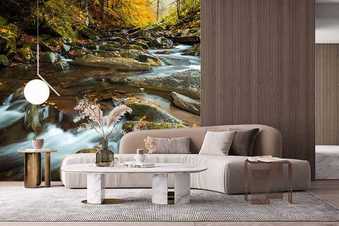 Serene Flowing River Wallpaper Mural shown in a room