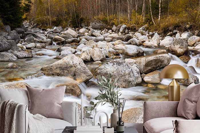 Nature Aesthetics Large Rocks in River Wallpaper shown in a room