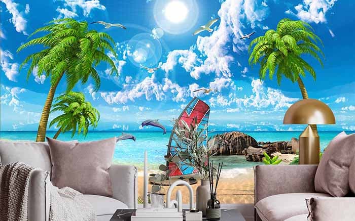 Surfing with Dolphins Wallpaper shown in a room