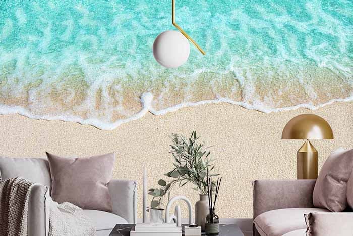 Sea Waves Serene Blue Wallpaper shown in a room