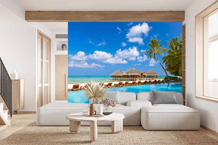 Courtyard by Sea Scenery Wallpaper shown in a room