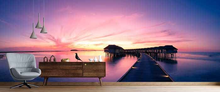 Pink Sky with Wooden Bridge Scenery Wallpaper shown in a room