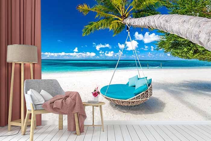Blue Blossom Beach Scenery Wallpaper Mural shown in a room