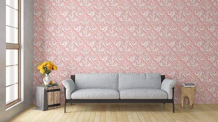 Seamless Ornamental Damask Pink Pattern Wallpaper for Wall shown in a room