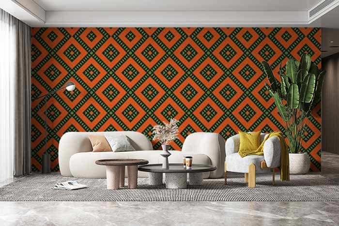 Indian Dark Saffron and Green Diamond Shape Wallpaper for Wall shown in a room