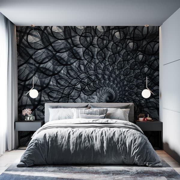 Dark Geometric Spiral Wall Mural Wallpaper shown in a room