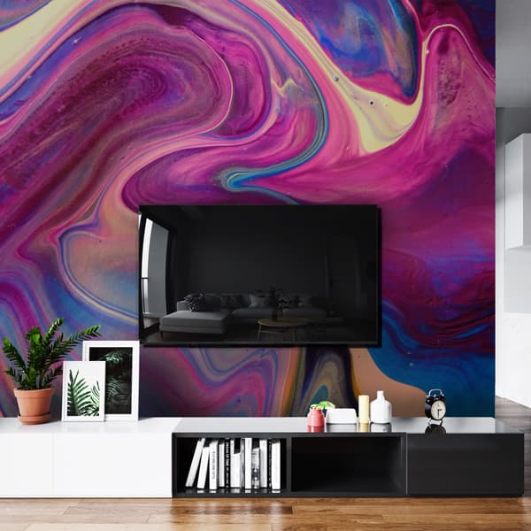 Beautiful Pink Wavy Abstract Art Wallpaper shown in a room